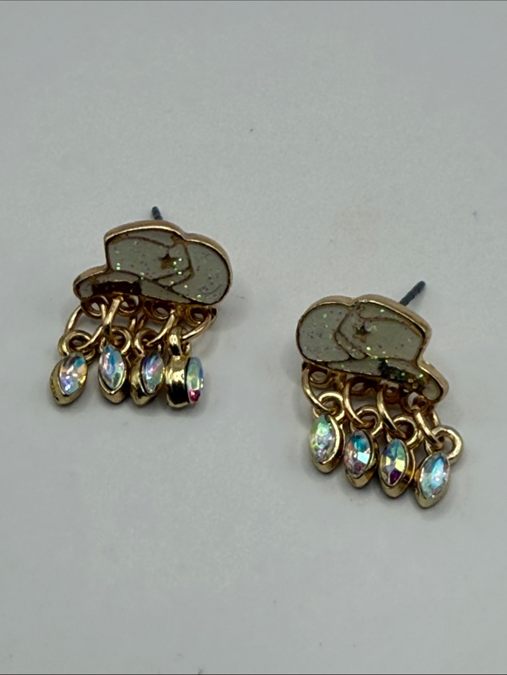 Vintage Gold Tone Cowboy Hat Rhinestone Dangle Drop Statement Earrings
